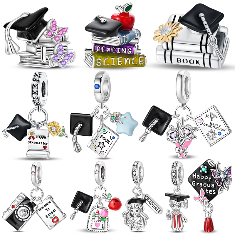 Doctoral Cap and Book Graduation Certificate Dangle Charm Beads Fits 3mm Bracelets Necklace For Women Pendant Luxury DIY Jewelry