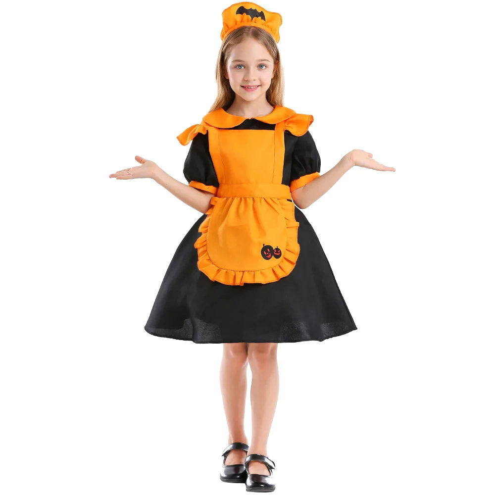 Vestido de Cosplay de bruja y escoba de vampiro para adultos, uniforme de Halloween, traje de sirvienta de calabaza naranja, murciélago de Diablo, mujer y niño