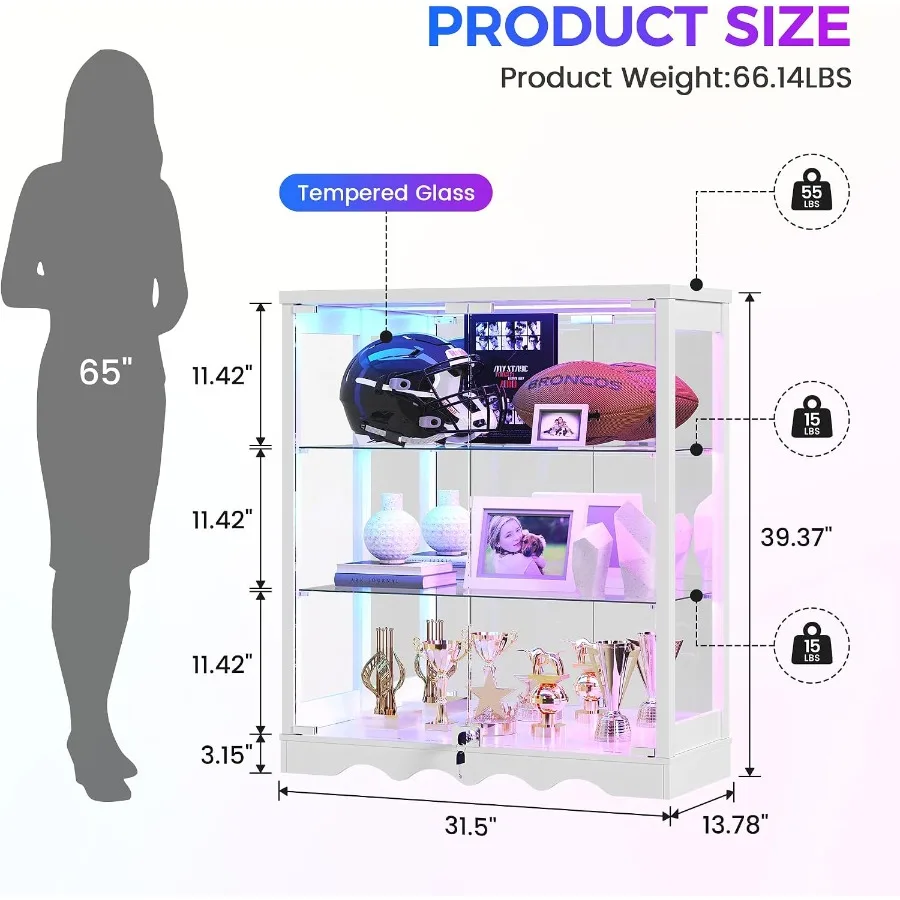 39 Display Cabinet for Living Room, Tempered Glass Doors, Black Finish, RGB LED Lighting, Secure Lock, 3-Tier Adjustable Shelve
