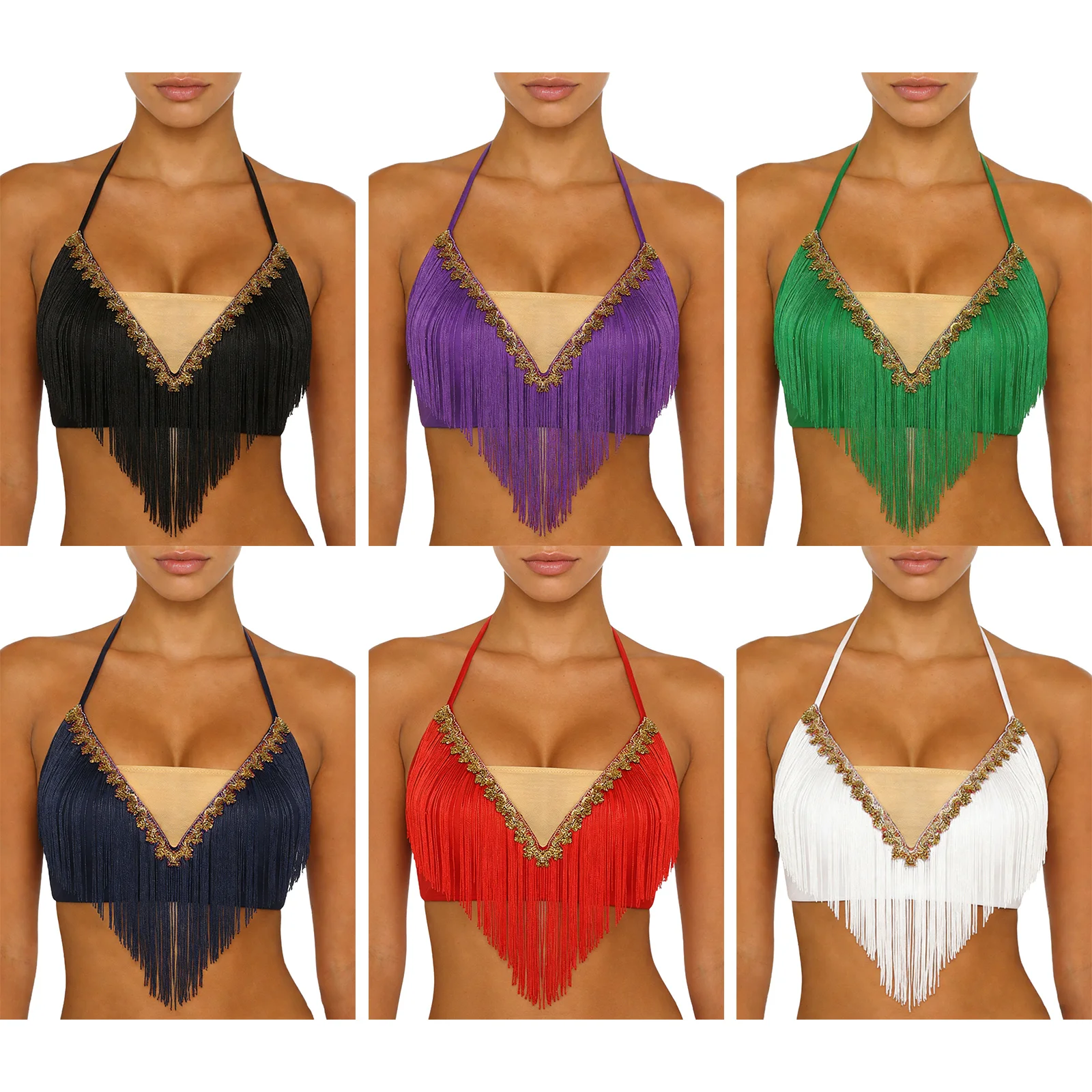 Women Lace-up Tassel Belly Dance Crop Top Vest Bellydance Halter Gold Trim Fringe Camisole Dance Sling Top for Stage Performance