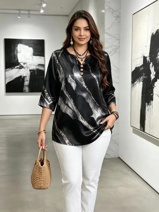 Women Half‑Button 3/4 Sleeve Top 3D‑Printed Marble Gold Glitter Print Elegant Casual Daily Party