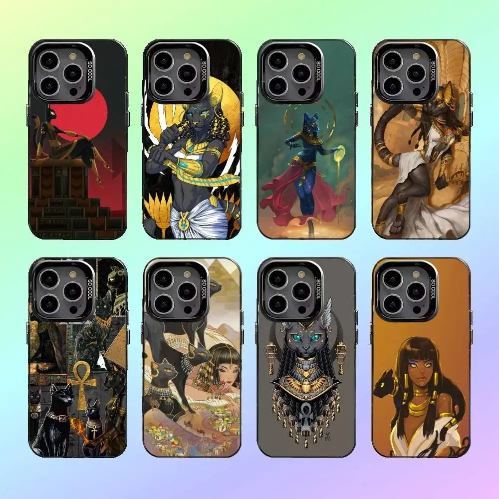 

B-Bastet Egyptian Cat Goddess Phone Case For iPhone17,16,15,14,13,12,11 Plus,Pro Max Colorful Silver Back Phone Case