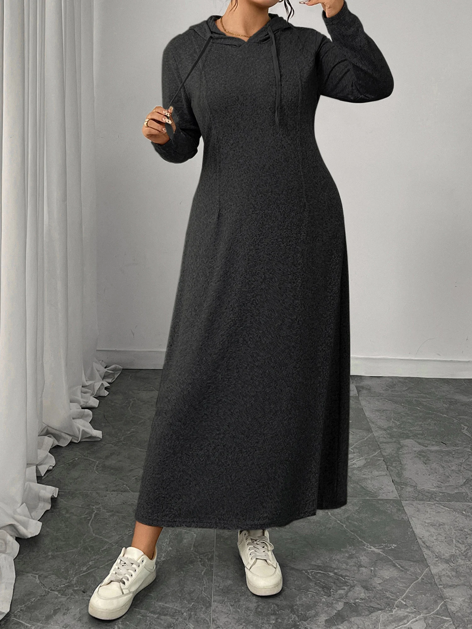 

Женское повседневное платье-толстовка с капюшоном большого размера, однотонное свободное платье с длинными рукавами, пуловер трапециевидной формы, удобное струящееся платье