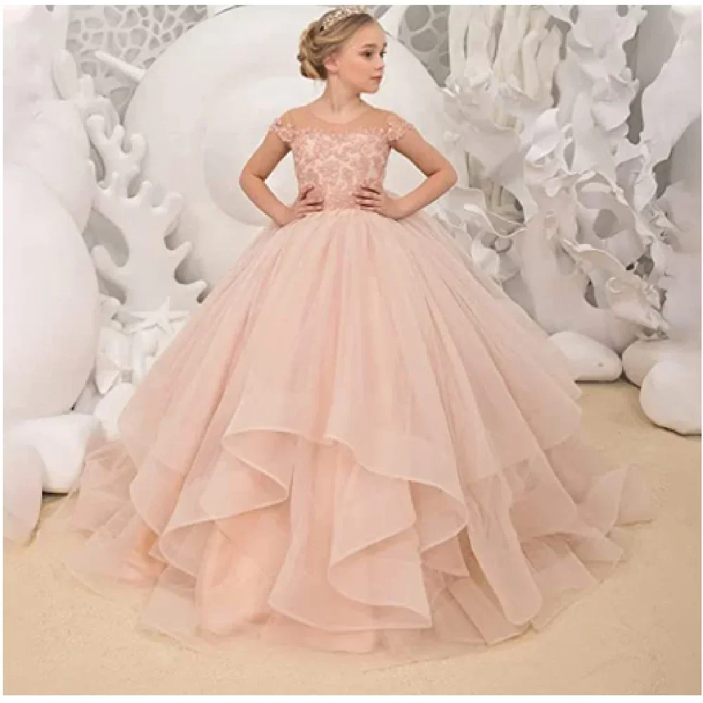 Vestido rosa elegante para niña, Apliques de encaje, Mangas de casquillo, princesa larga, fiesta de cumpleaños, primera comunión, boda