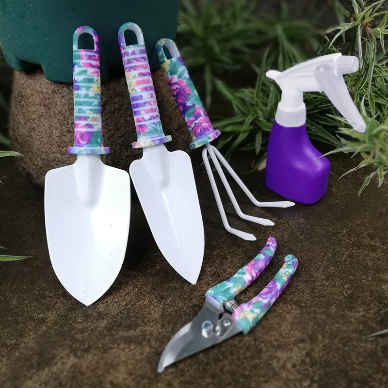 5 Pieces Of Garden Tool Set Gardening Gift Set Non-Slip Handle With Anti-Rust Shovel Tiller Pruning Shears Sprinkler