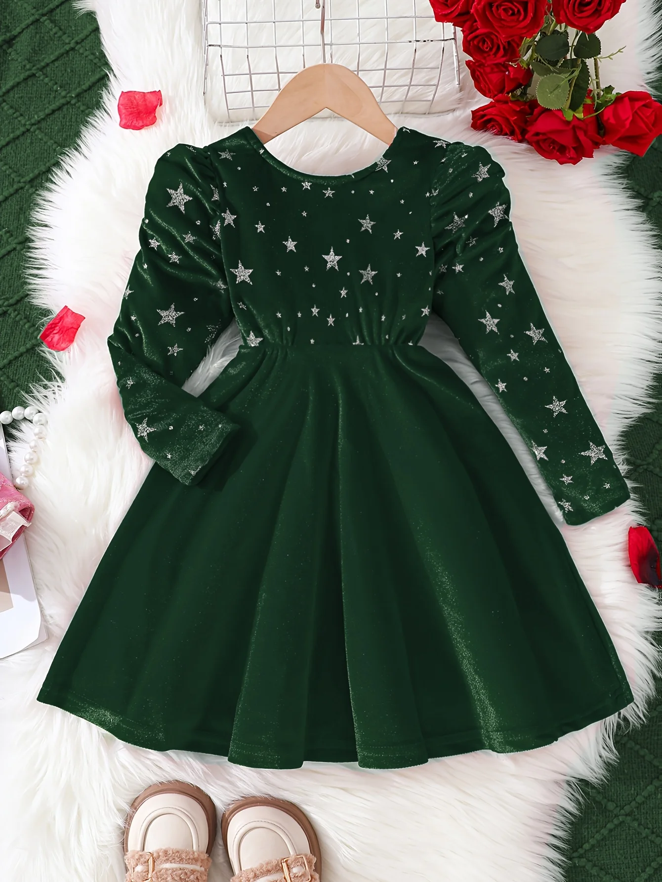 Herbst- und Winterkleid für 3-7 Jahre alte Mädchen, lässige Mode, gestrickt, weicher Samt, silberner Stern-Print, lange Ärmel, Puffärmel, Schleife am Rücken, Mesh-Kleid, Partykleid, Geschenk