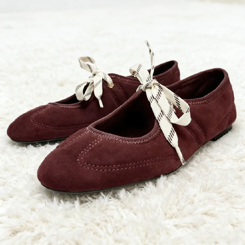 

Brand Faux Suede Lace Up Ballet Flats Women Comfort Round Toe Mary Jane Shoes for Ladies Fashion Designer Soft Sole Casual Shoes