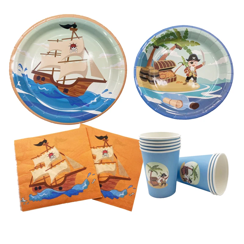 Pirate themed Party Disposable Paper Plate Cup Napkin Happy Birthday for Children Baby Shower Party Table Decoration Supplies