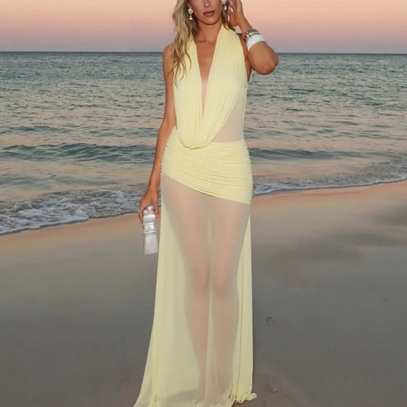 

Talenza Mesh See Through Long Dress Summer Sexy V Neck Pleated Patchwork Beach Vacation Dresses High Waist Fashion Women Dresses