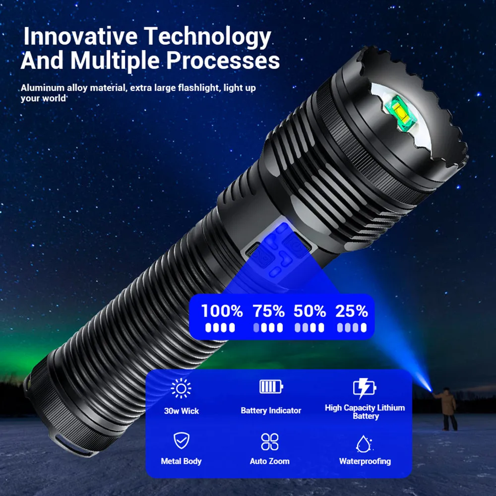 Powerful 100W LED Flashlight Long Range Charging Zoomable Emergency Torch Outdoor Flashlight Power Display Function