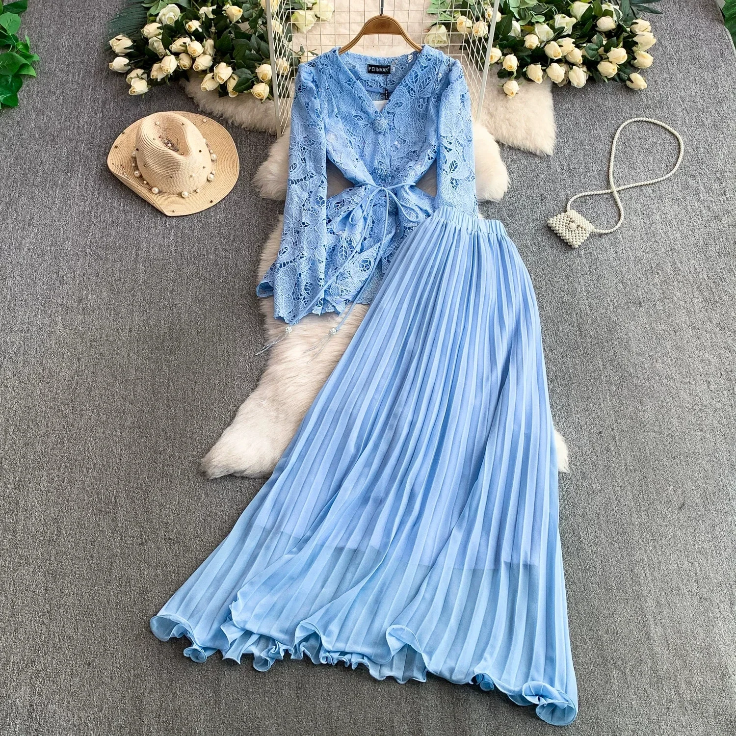 Women 2 Piece Outfit V Neck Long Sleeve Lace Top High Waist Pleated Maxi Skirt Set Elegant Holiday Party Ladies Matching Suit