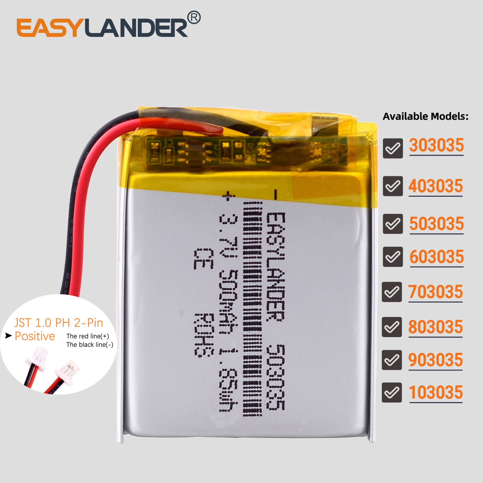 JST 1.0mm 2Pin 3.7V 500mAh 503035 Lithium Polymer LiPo Rechargeable Battery 303035 403035 603035 703035 803035 903035 103035