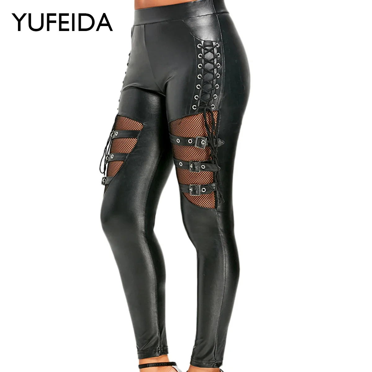 YUFEIDA Women PU Leather Skinny Legging Slim Trouser Gothic Punk Legging Fishnet Trim Pant with Buckle Pencil Pant Club Clothing