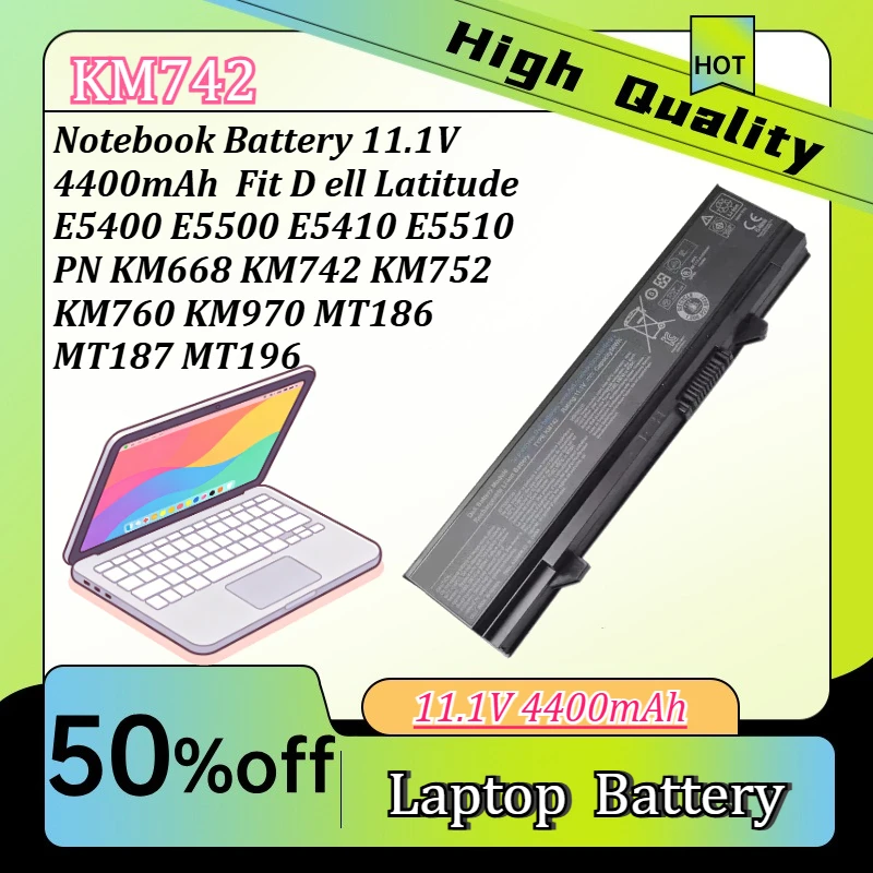 Notebook Battery 11.1V 4400mAh  Fit D ell Latitude E5400 E5500 E5410 E5510 PN KM668 KM742 KM752 KM760 KM970 MT186 MT187 MT196