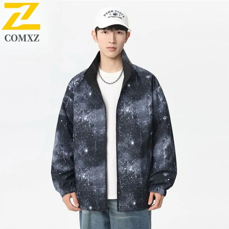 

COMXZ Men Jacket 2025 Korean Fashion Starry Sky Print Baseball Collar Outdoor Travel Windproof Coat Preppy Jackets Streetwear