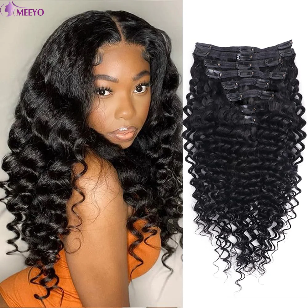 Extensions de Cheveux Humains Bouclés à réinitialisation pour Femme, Deep Wave, Brésilien, Remy, Noir Naturel 1B, 8 Pièces, 18Clips