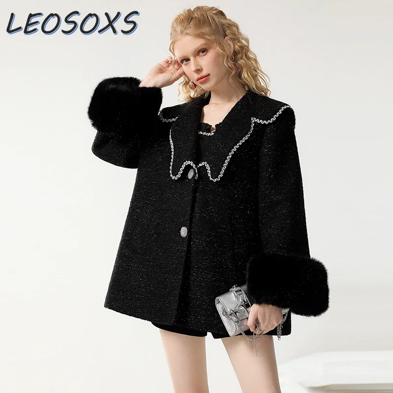 LEOSOXS Fashion Celebrity Tweed Jacket Women 2024 Winter New Socialite Butterfly Lapel Loose Version Plush Cuffs Woolen Coat