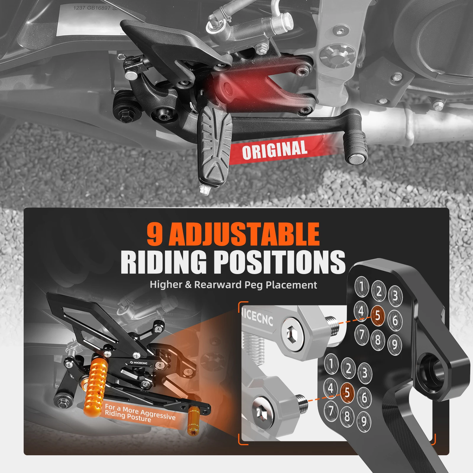 Für KTM 390 Duke 2026 390 Duke 2025 390 Duke 2024 NICECNC Verstellbares Fußrastenanlage-Kit Fußrasten für KTM 390 Duke 2024-2026 – Detail 3