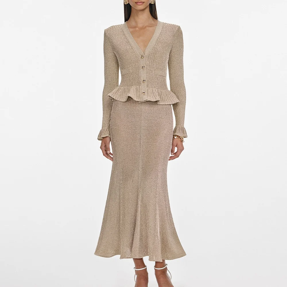 

2025 Winter Women's Knit Stretch Ruffled Bodice V-Neck Long Sleeve Dress Y2k Clothing New Fashion High-Quality Party Dress bra