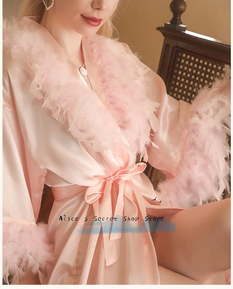 Sexy And Elegance  Party Evening Dressing Gown  V-Neck With Feather Long Sleeve Soft Satin Belt For Evening Night Bespoke Dress