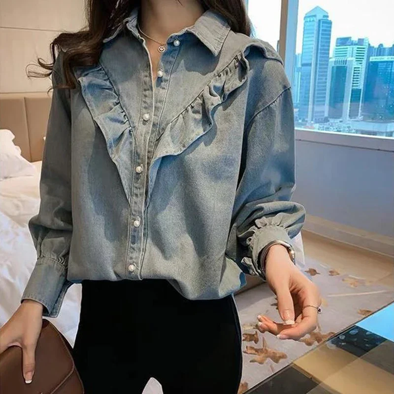 Korean Fashion Ruffle Denim Blouse Women Elegant Lapel Design Oversize 4Xl Jean Shirts Spring Tops Single-Breasted Cowboy Blusas