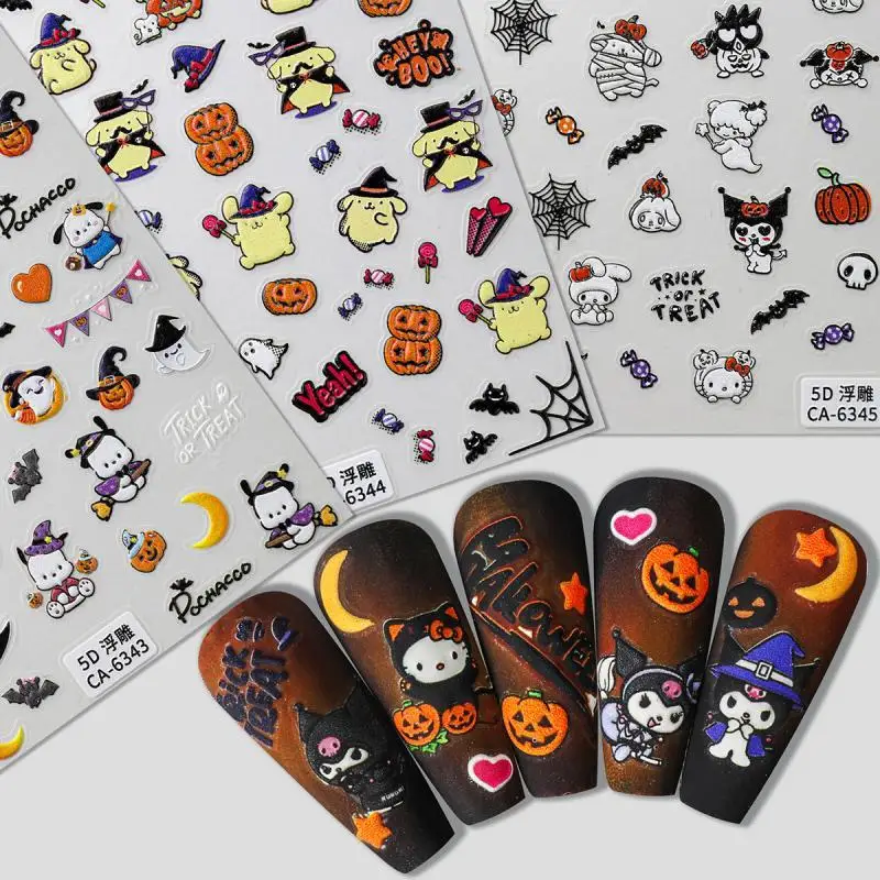 1Pcs Kawaii Sanrio Hello Kitty Nail Stickers Cartoon Kuromi My Melody Cinnamoroll Halloween DIY Nail Decorate Stickers Girl Gift