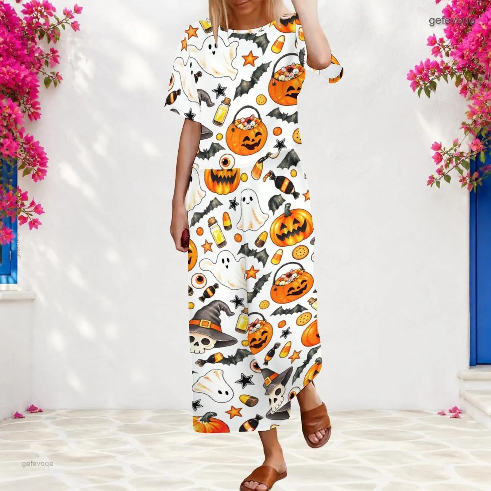 Women 2 Piece Outfit Round Neck Short Sleeve Top With Elastic Waist Wide Leg Pants Set Custom Print Ladies Casual Loungewear