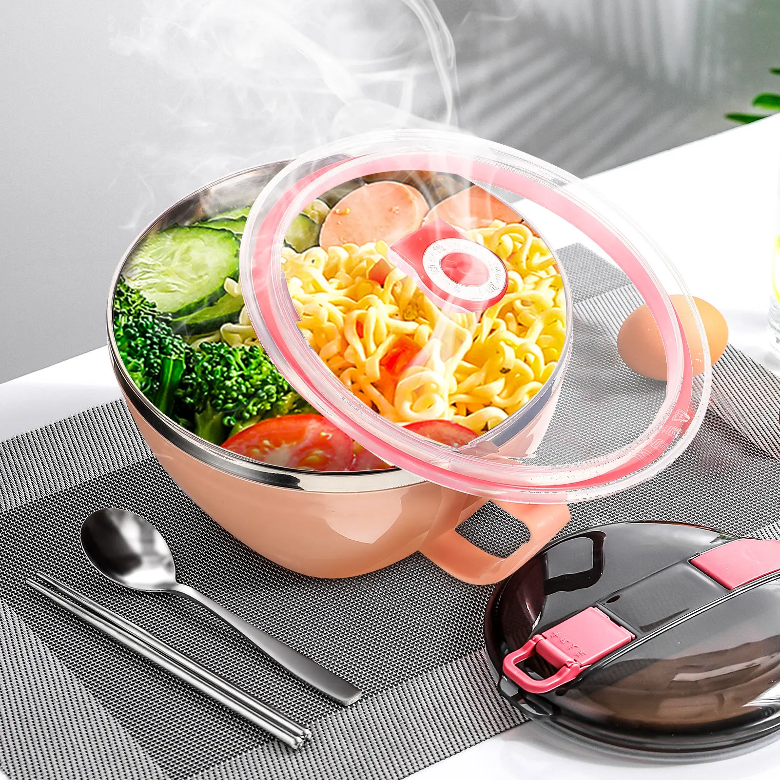 Stainless Steel Noodle Bowl Pink Handle Lid Steam Release Button Thermal Insulated Lunch Container Food Storage