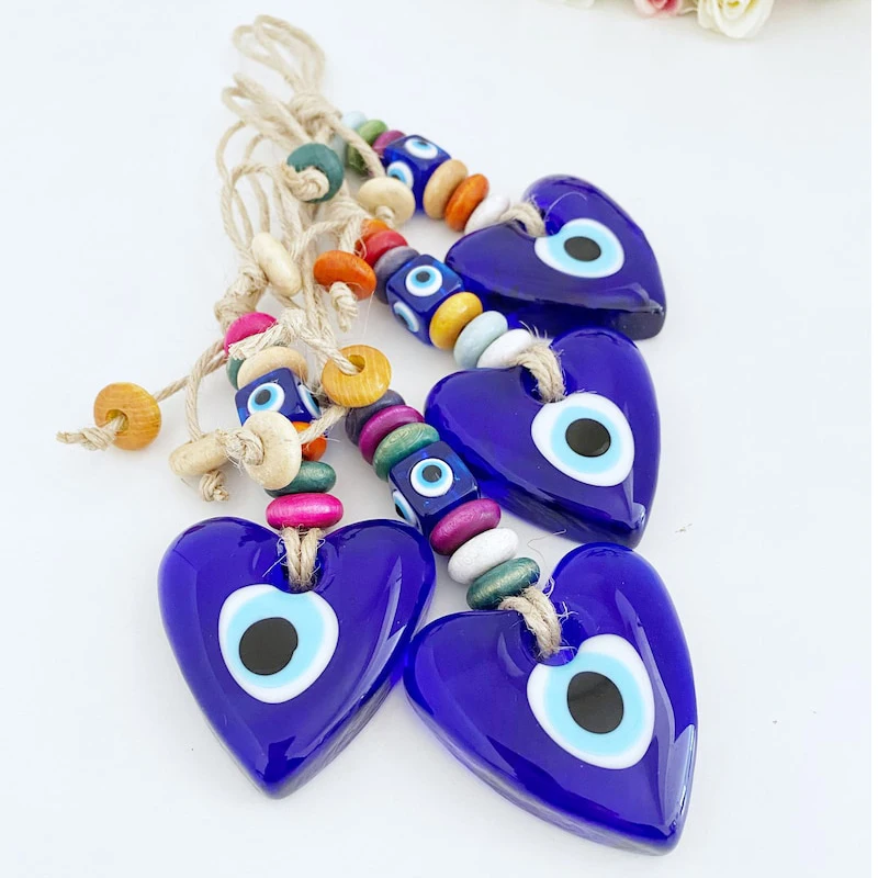 Lucky Eye Glass Star Heart Shape Pendant Wall Hanging Keychain Braided Rope Evil Eye Bead Key Chain Car Keyring for Women Gift