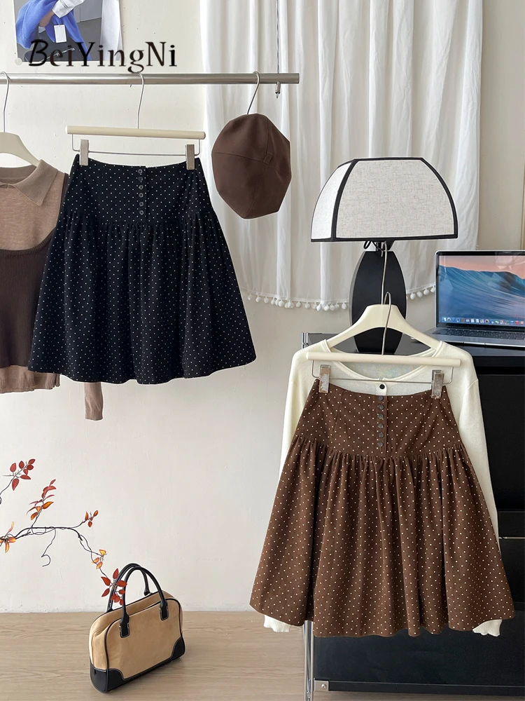 Beiyingni New Arrivals Winter Women's Skirts Polka Dot Printed Retro Style Mini Skirt Ladies Elegant Street Corduroy Tutu Skirt
