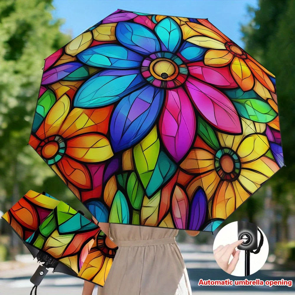 

1pc Vibrant Floral Mosaic Design Automatic Folding Umbrella, Repelling Umbrella, Thickened Reinforced Umbrella Frame, Ideal fo