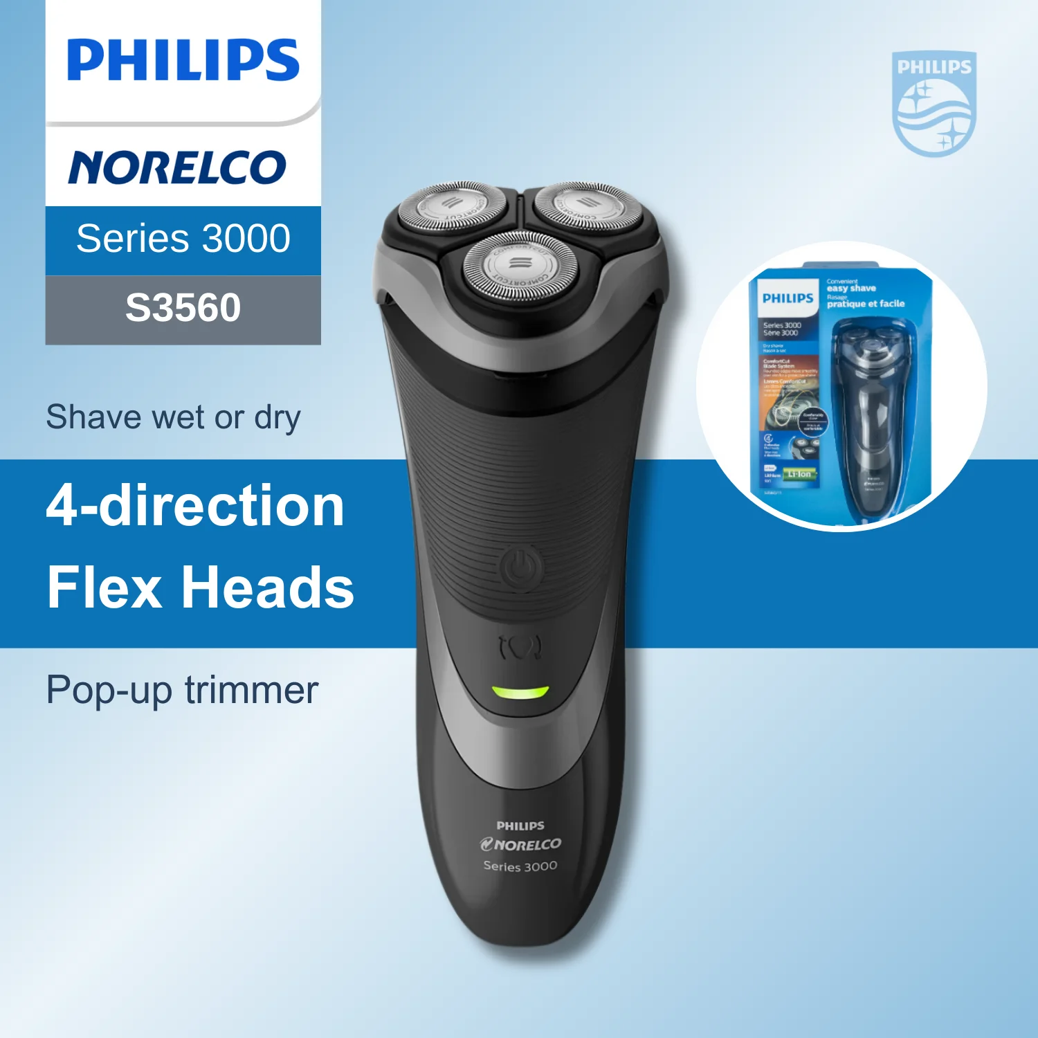 

Philips Norelco Razor Series 3000 S3560, система лезвий ComfortCut, гибкие головки с 4 направлениями, выдвижной триммер