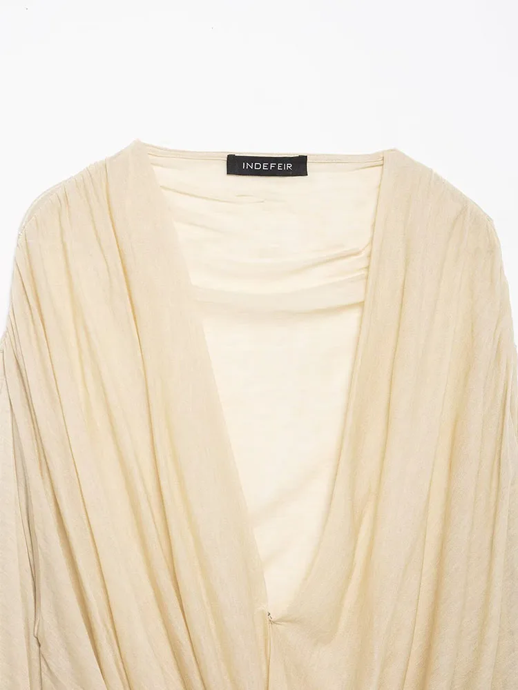 HH 夏 女性 エレガント スイングカラー 無地 シック カジュアル スリム ブラウス トップス レディース ファッション プリーツ装飾 長袖 ショート丈トップス