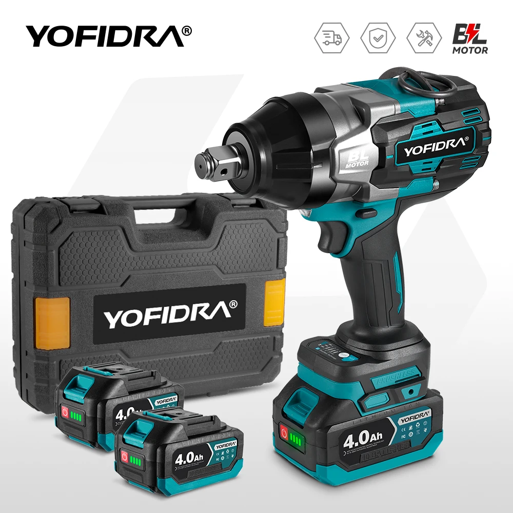 Yofidra 1300W Electric Impact Wrench Cordless Brushless 3/4  2100 N.m Torque Power Wrench with Battery Pack