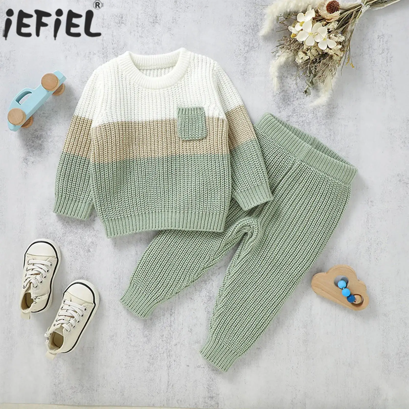 

Baby Toddler Fall Winter Warm Knitted Costume Set Long Sleeve Color Block Sweater Tops with Pants for Casual Daily Wear Party