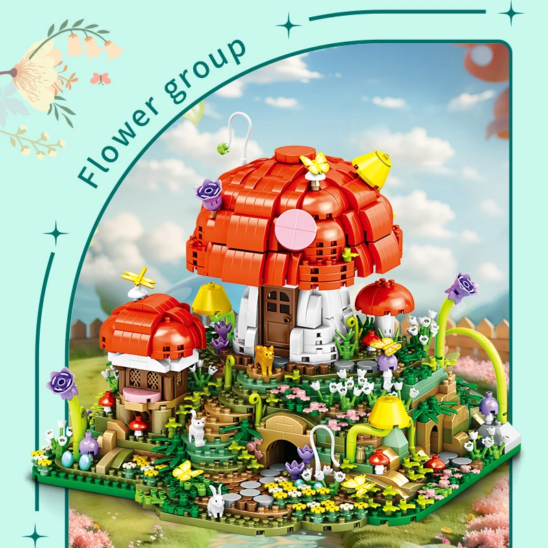 Forest Mushroom Cottage Building Blocks Set Creative Construction Toy Birthday Gift for Boys Girls Kids Family Fun Activity