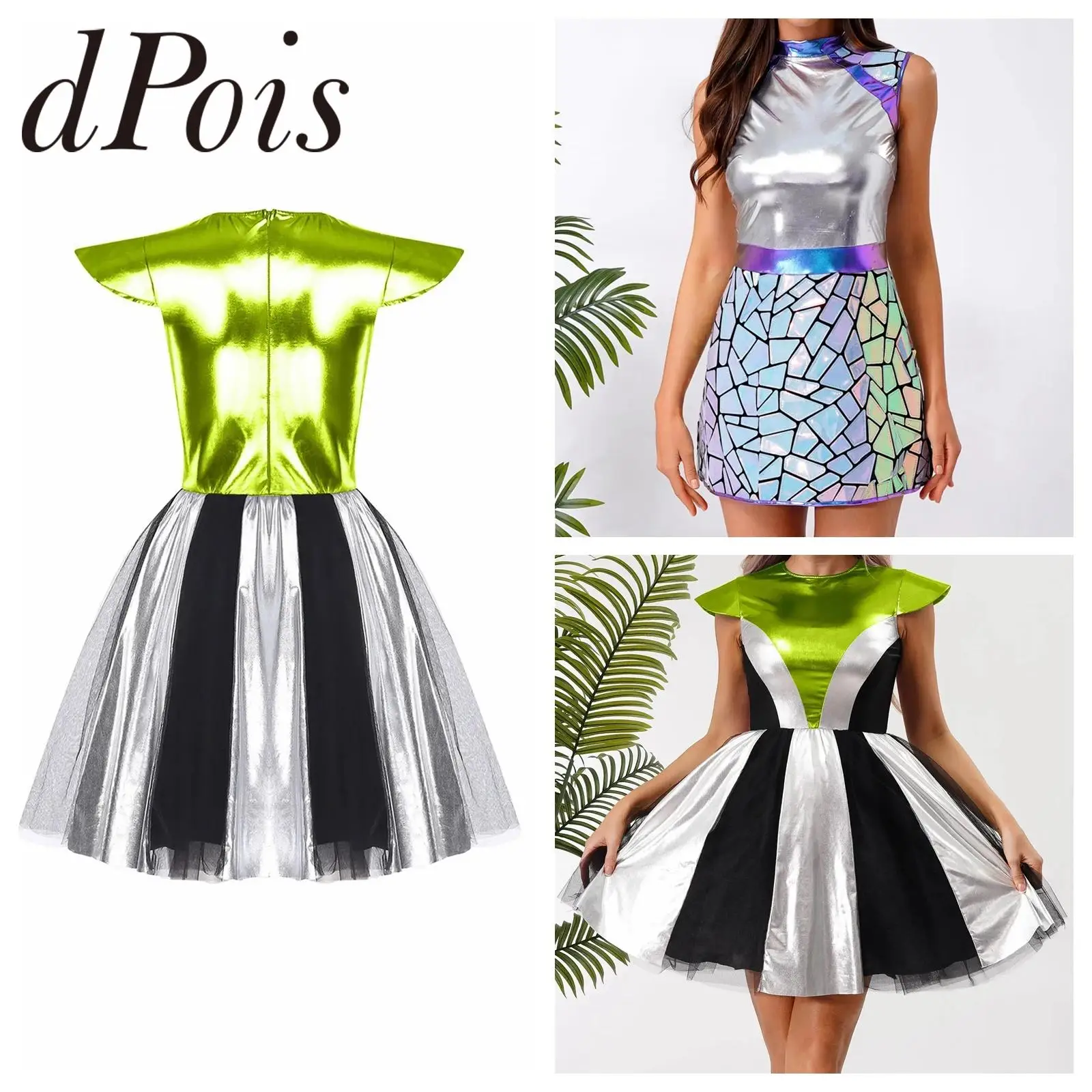 

Womens Astronaut Halloween Costume Metallic Female Alien Dress Galaxy Space Warrior Cosplay Gradient Sequin Shiny Carnival Dress