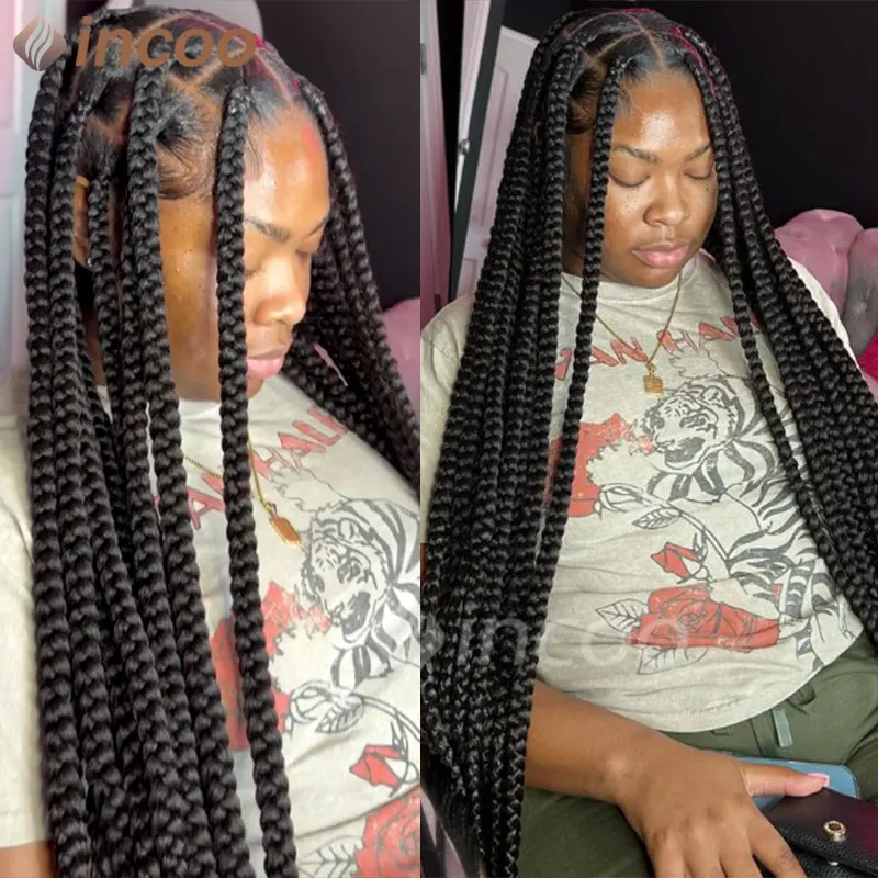 36-calowe Cornrows Plecione Peruki Syntetyczna Pełna Koronkowa Peruka Dla Czarnych Kobiet Jumbo Plecione Peruki Koronkowe Faux Locs Box Braids Wig