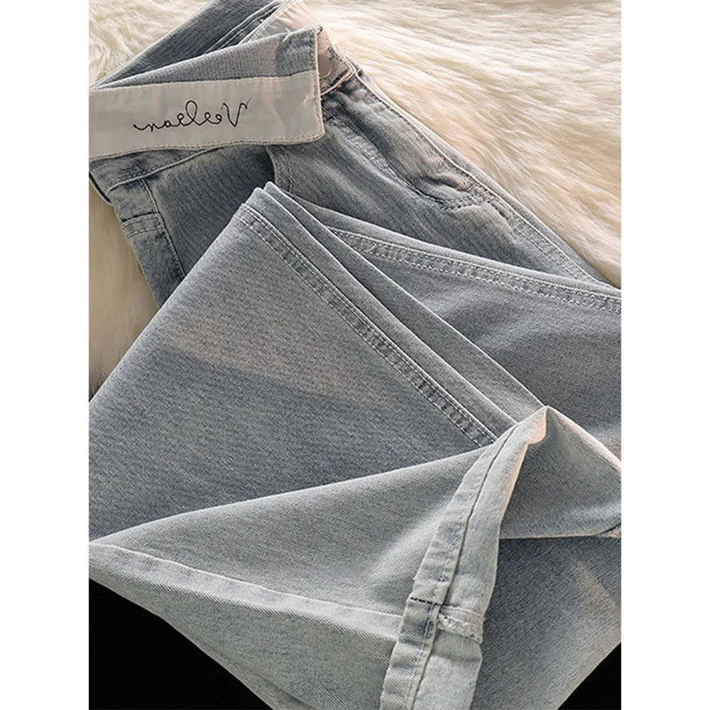 New Splicing Women High Waist Wide Leg Jeans Solid Color Denim Pants Street Style Loose Fit Casual Daily Denim Trousers