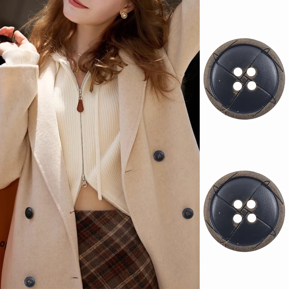 

10pcs Natural Antique Cracked Water Buffalo Horn Buttons, 15/20/25mm Black Buttons for Vintage Coat Decor (4-Hole Retro Buttons)