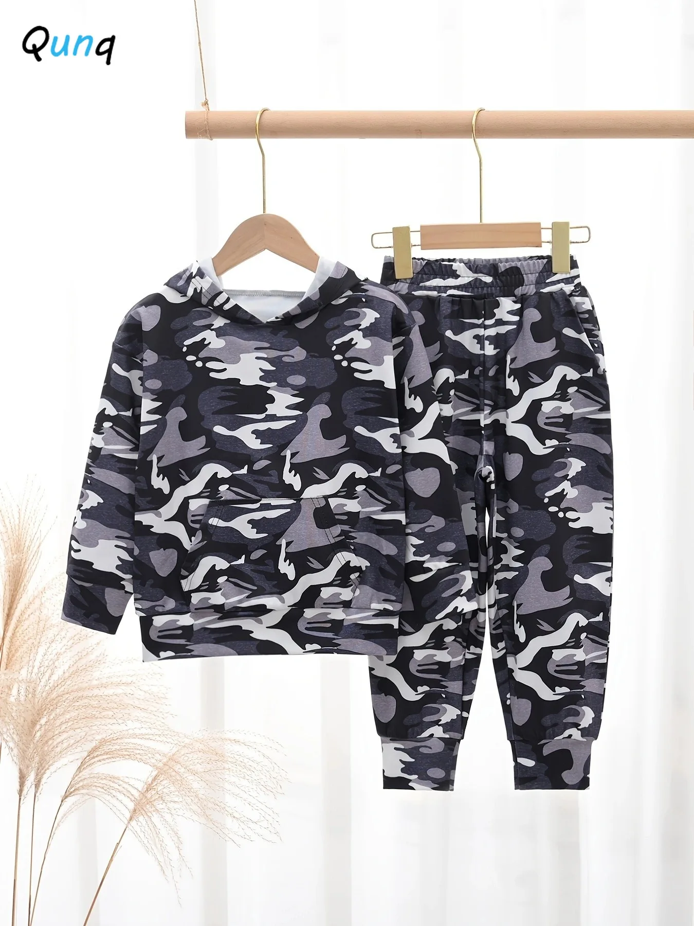 Qunq 2024 Spring New Children\'s Fashion Long sleeved Pullover Camo Hooded Sports Sweater Pants Two Piece Set kids clothes 2T-5T