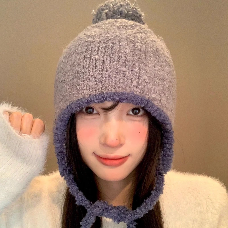 

Cute Pom-pom Knitted Pullover Hats for Women Winter Warm and Versatile Korean Version of Ear Protection Beanies Caps Men