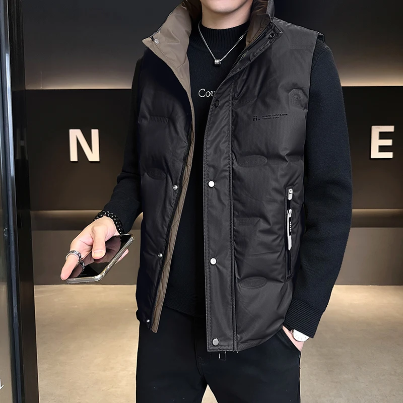 

Men's Leather down Vest Thiened Stand Collar Jaet Autumn Winter Outerwear Faionable Casual Sle Zipper Closure Long Sl...