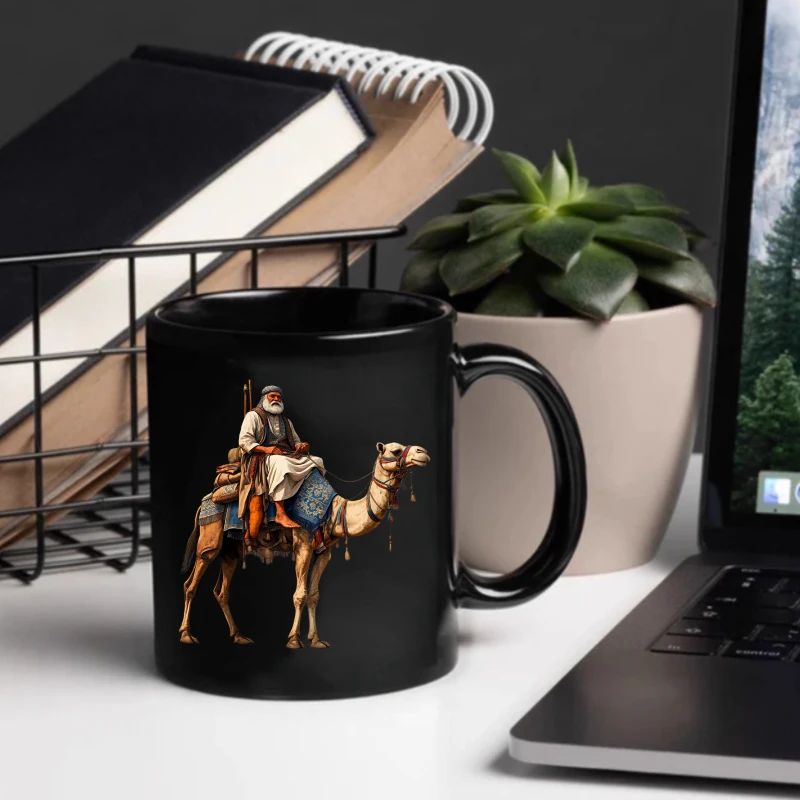 Ceramic mug, black camel rider with desert traveler design, perfect for coffee breaks and gift options
