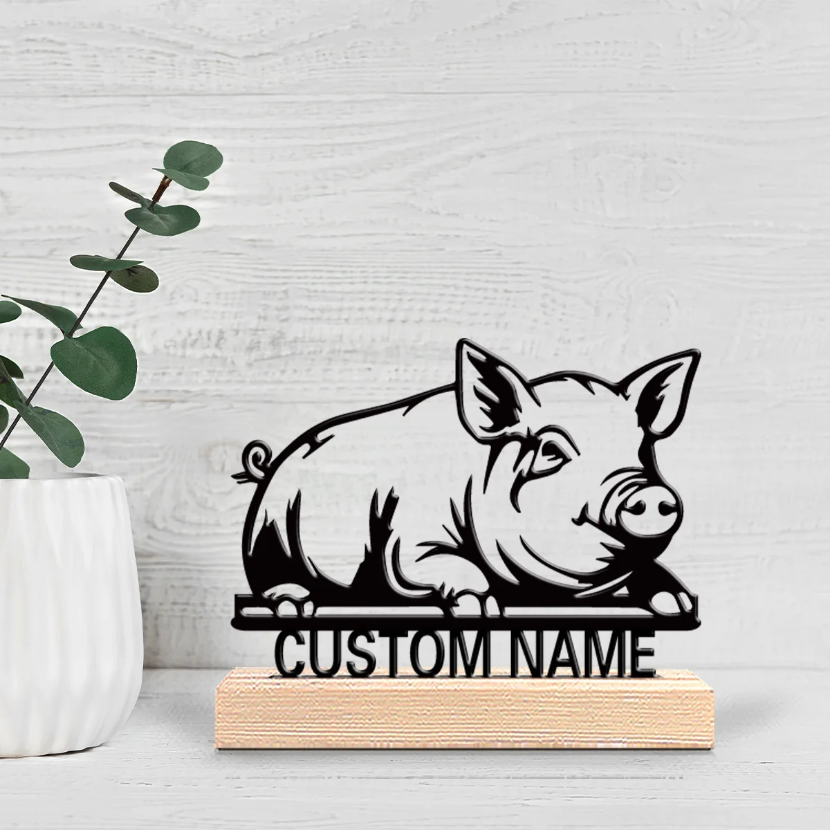 1pc Fashion pig Custom Text Metal Statue Iron Ornament Art Figurine With Wood Base With Wood Base For Bedroom Desk Decor