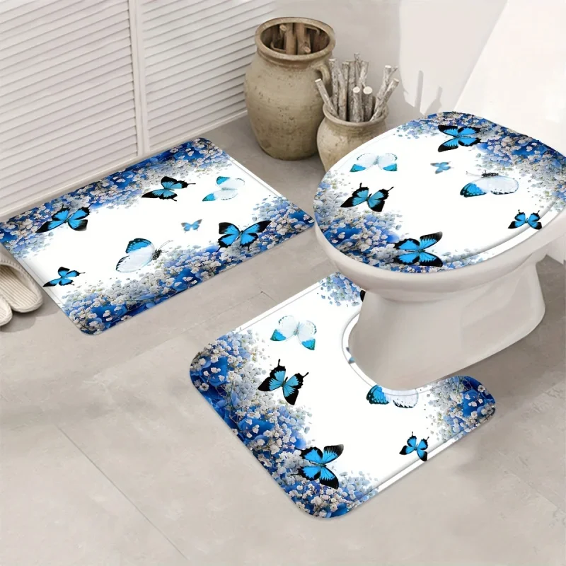 

3PCs flowers & butterflies shower curtain, waterproof shower curtain with 12 hooks, bathroom rug, toilet U-shape mat, toilet l