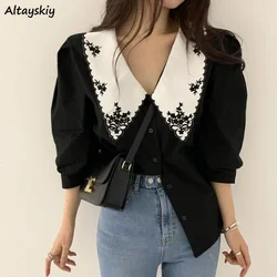 Women Shirts Peter Pan Collar Short Puff Sleeve Trendy Embroidery Retro Elegant All-match Teens Streetwear Blouses Fairy Ulzzang