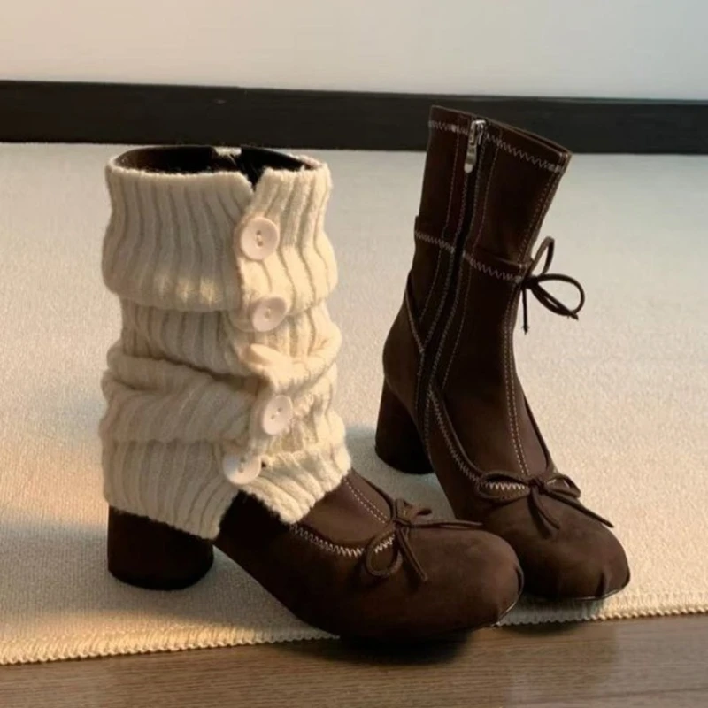 Bow High Heels Women Boots New Mary Jane Shoes 2025 Winter Designer Suede Chelsea Boots Chunky Dress Lolita Shoes Mujer Botas