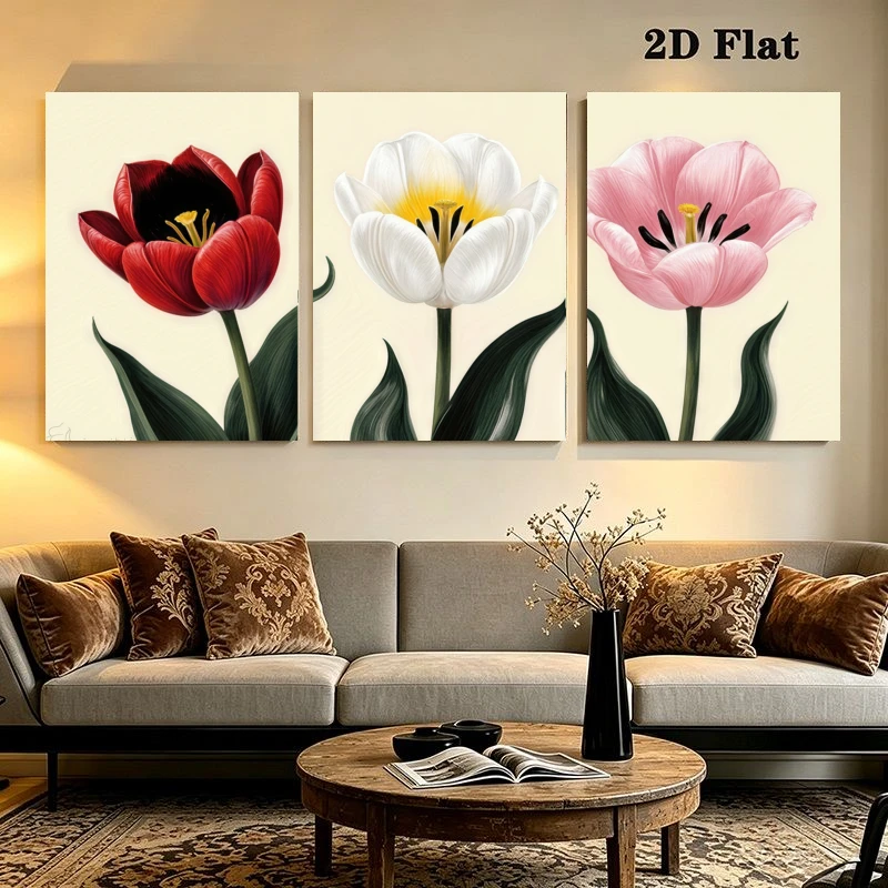 2D Flat, 3pcs Modern Tulip Wall Art, Minimalist Floral Print, Luxury Home Decor for Living Room Bedroom, Frameless, Ideal Gif