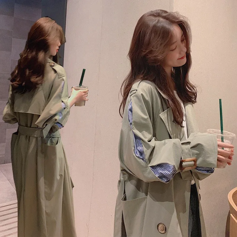 Ladylike white striped long fitted suit collar double-breasted cinched waist tie trench coat